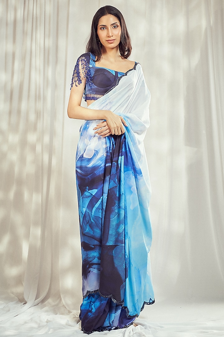 Blue Crepe Printed & Embroidered Saree Set by Harshita Singhvi at Pernia's Pop Up Shop