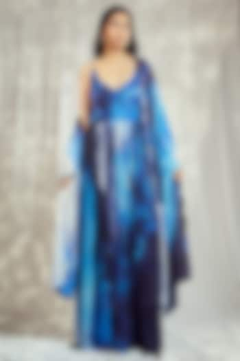 Blue Chiffon Printed Anarkali Set by Harshita Singhvi at Pernia's Pop Up Shop