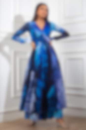 Blue Printed Party Wear Anarkali Set by Harshita Singhvi at Pernia's Pop Up Shop