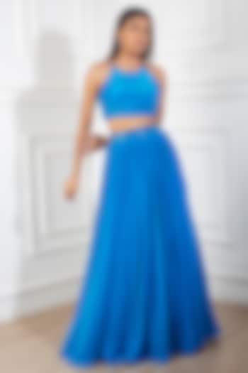 Teal Blue Ruched Skirt Set by Harshita Singhvi at Pernia's Pop Up Shop