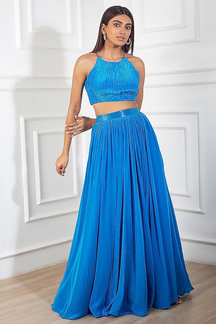 Teal Blue Ruched Skirt Set by Harshita Singhvi at Pernia's Pop Up Shop