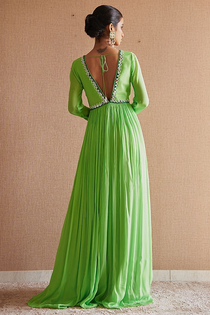Light Green Chinon Crepe Mirror & Cutdana Embroidered Party Wear Anarkali Set by Harshita Singhvi at Pernia's Pop Up Shop