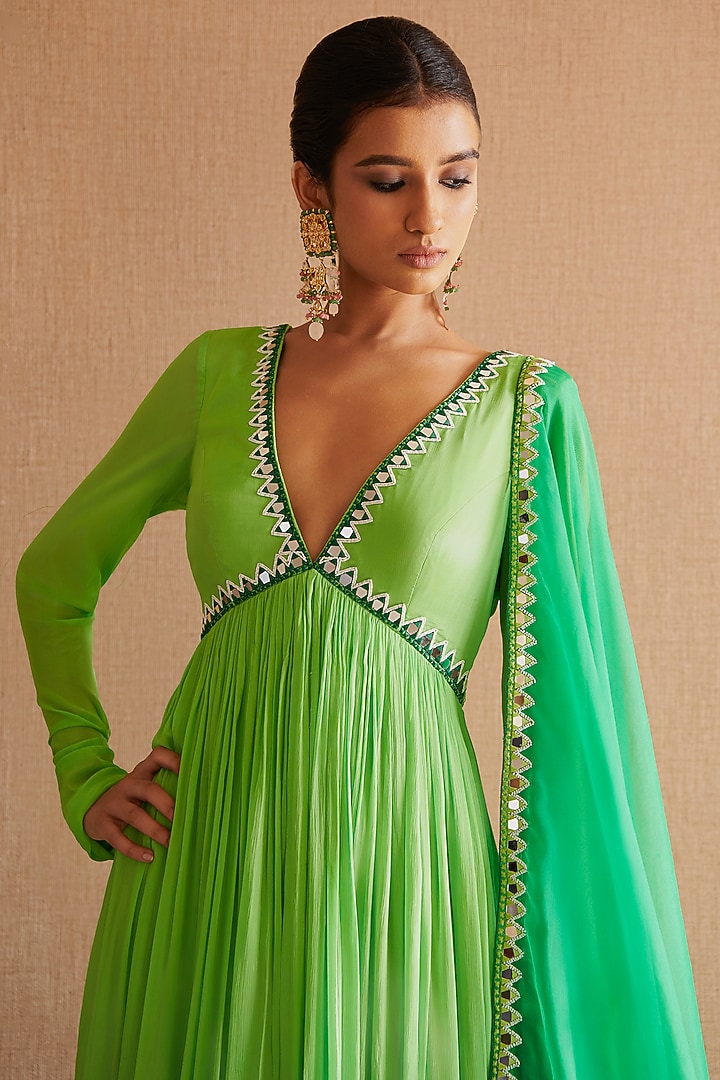 Light Green Chinon Crepe Mirror & Cutdana Embroidered Party Wear Anarkali Set by Harshita Singhvi at Pernia's Pop Up Shop