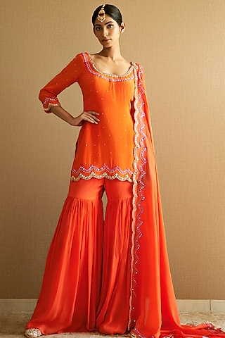 Burnt Peach Chinon Crepe Pleated Sharara Set by Harshita Singhvi