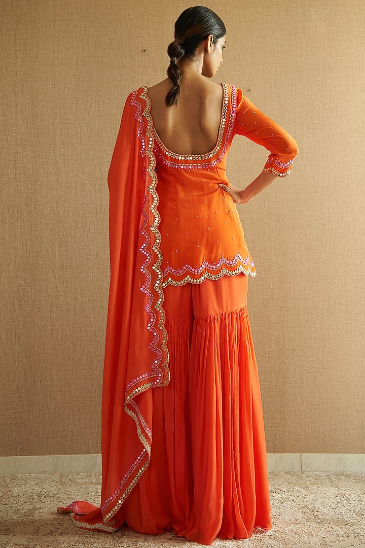 Burnt Peach Chinon Crepe Pleated Wedding Sharara Set by Harshita Singhvi at Pernia's Pop Up Shop
