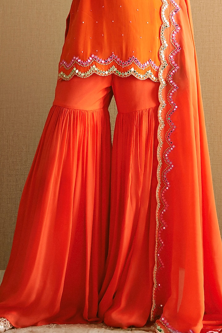 Burnt Peach Chinon Crepe Pleated Wedding Sharara Set by Harshita Singhvi at Pernia's Pop Up Shop