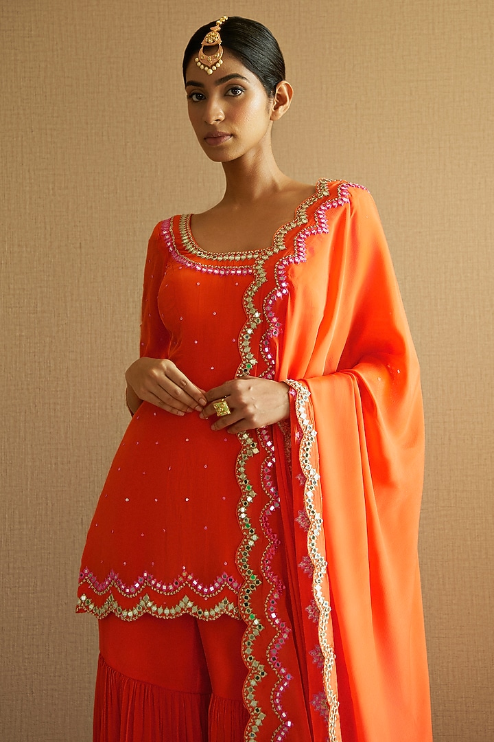 Burnt Peach Chinon Crepe Pleated Wedding Sharara Set by Harshita Singhvi at Pernia's Pop Up Shop