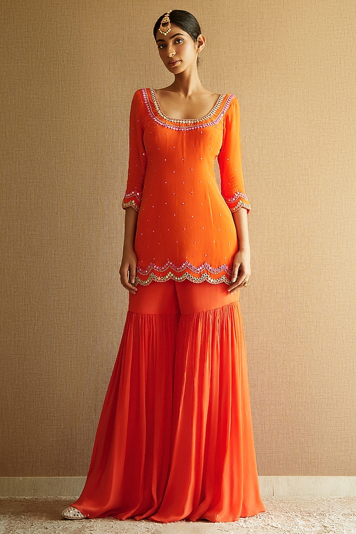 Burnt Peach Chinon Crepe Pleated Wedding Sharara Set by Harshita Singhvi at Pernia's Pop Up Shop