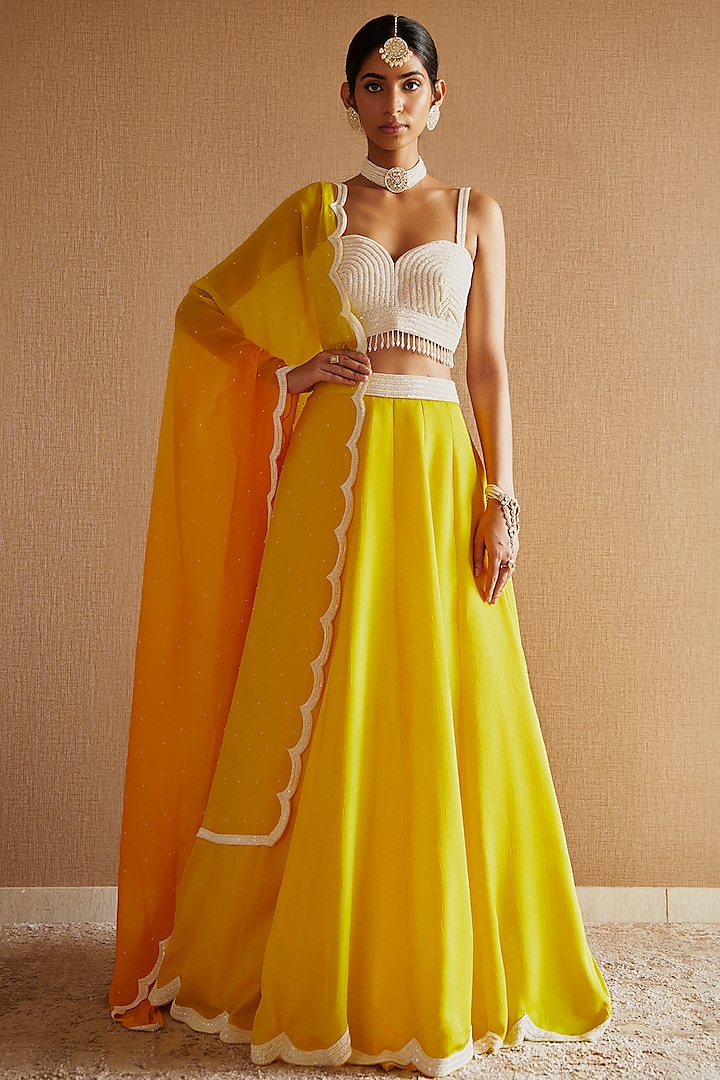 Yellow Silk Pearl & Sequins Embroidered Lehenga Set by Harshita Singhvi