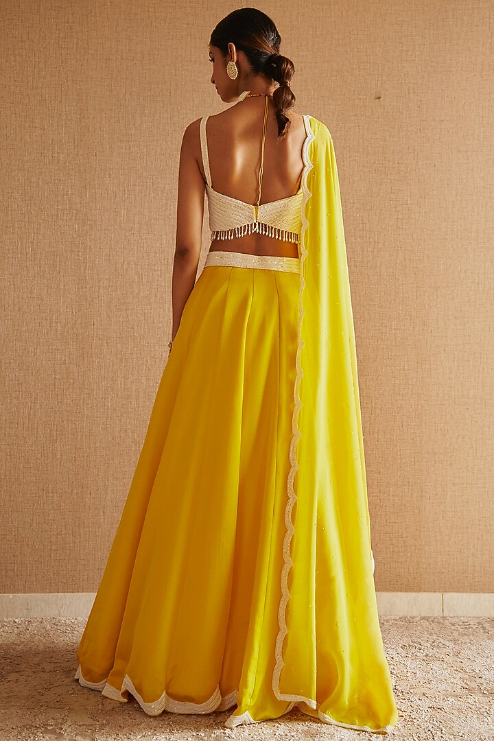 Yellow Silk Pearl & Sequins Embroidered Wedding Lehenga Set by Harshita Singhvi at Pernia's Pop Up Shop
