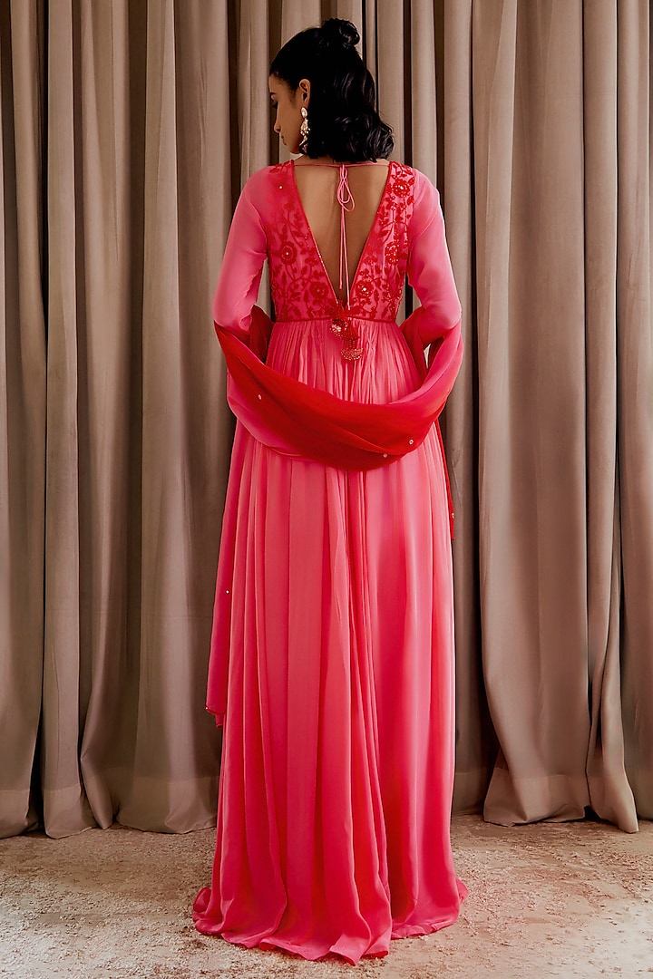 Bubblegum Pink Crepe Cutdana & Mirror Embroidered Wedding Anarkali Set by Harshita Singhvi at Pernia's Pop Up Shop