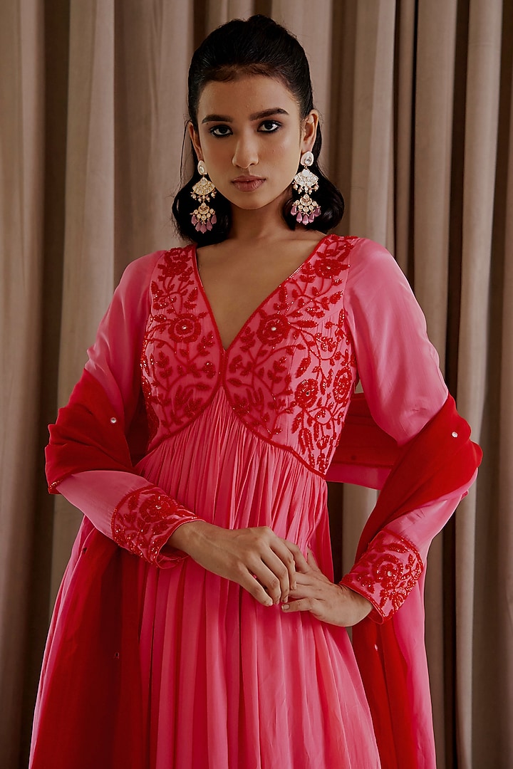Bubblegum Pink Crepe Cutdana & Mirror Embroidered Wedding Anarkali Set by Harshita Singhvi at Pernia's Pop Up Shop