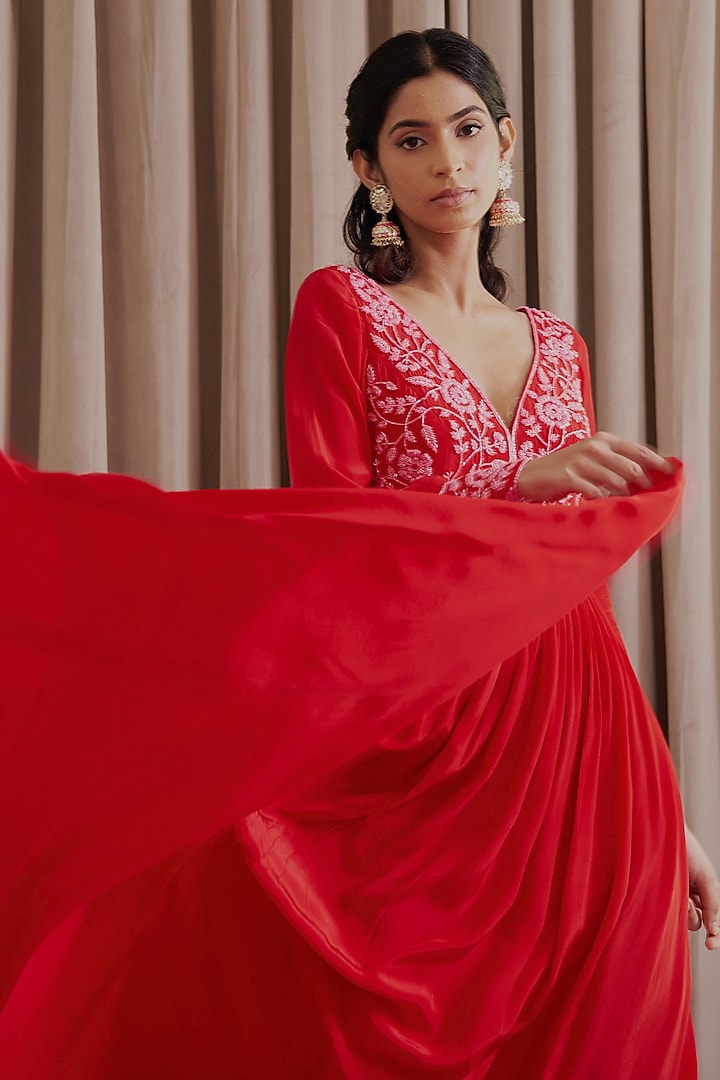 Hot Red Crepe Cutdana & Mirror Embroidered Wedding Anarkali Set by Harshita Singhvi at Pernia's Pop Up Shop