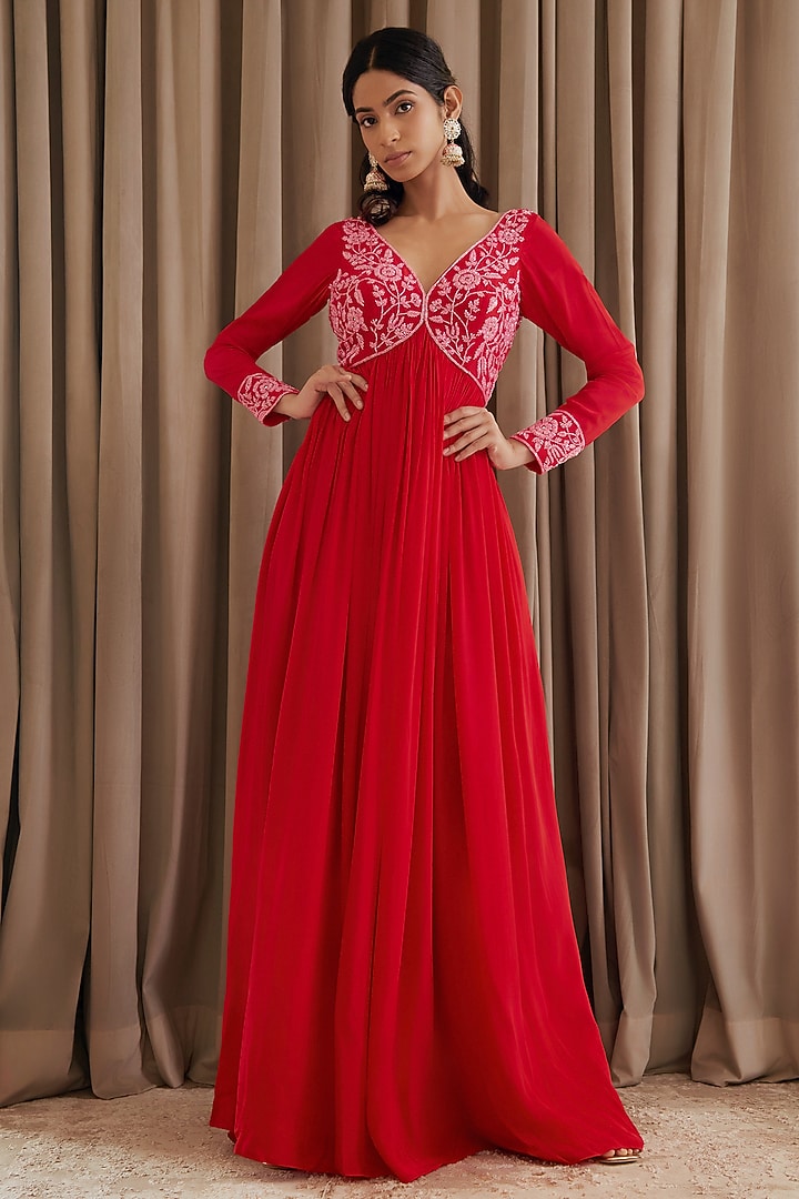 Hot Red Crepe Cutdana & Mirror Embroidered Wedding Anarkali Set by Harshita Singhvi at Pernia's Pop Up Shop