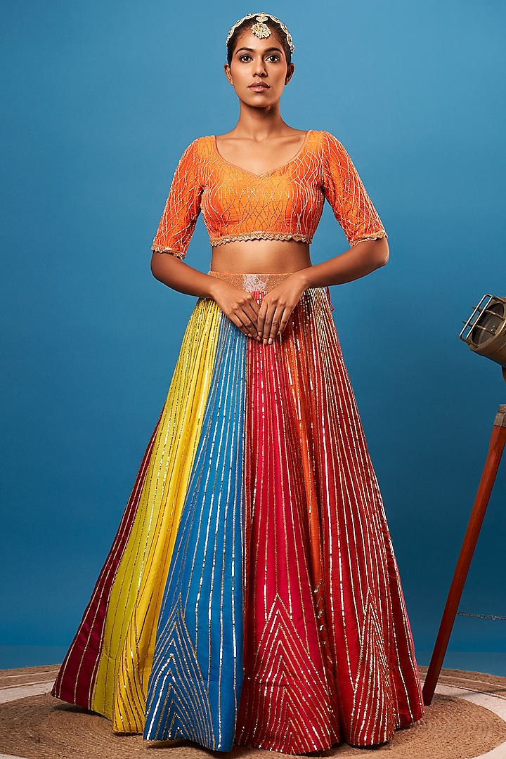 Multi-Colored Silk Sequins Embroidered Lehenga Set by Harshita Singhvi