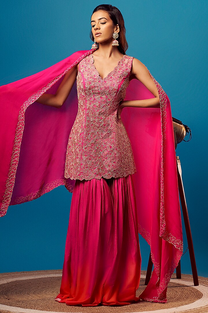 Pink French Crepe Wedding Sharara Set by Harshita Singhvi at Pernia's Pop Up Shop