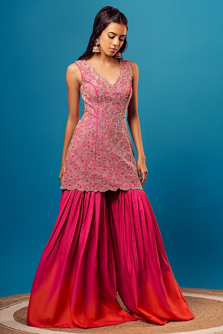 Pink French Crepe Wedding Sharara Set by Harshita Singhvi at Pernia's Pop Up Shop
