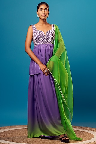 Purple French Crepe Salli Embroidered Kurta Set by Harshita Singhvi