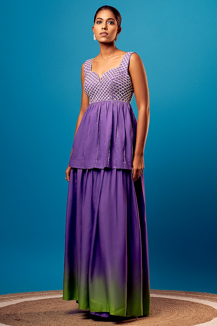 Purple French Crepe Salli Embroidered Kurta Set by Harshita Singhvi at Pernia's Pop Up Shop