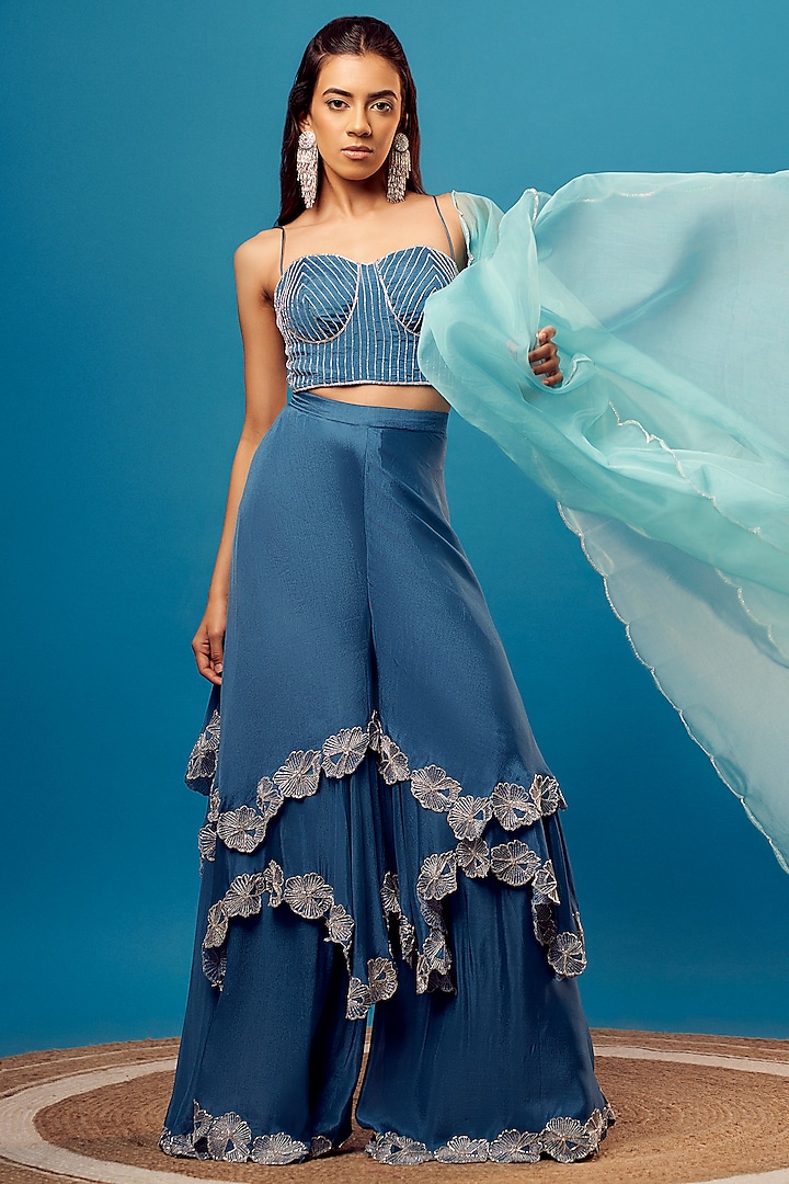 English Blue Crepe Embroidered Co-Ord Set by Harshita Singhvi