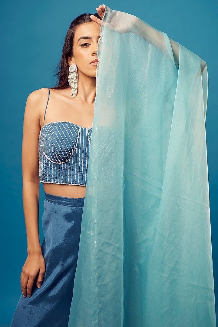 English Blue Crepe Embroidered Co-Ord Set by Harshita Singhvi at Pernia's Pop Up Shop