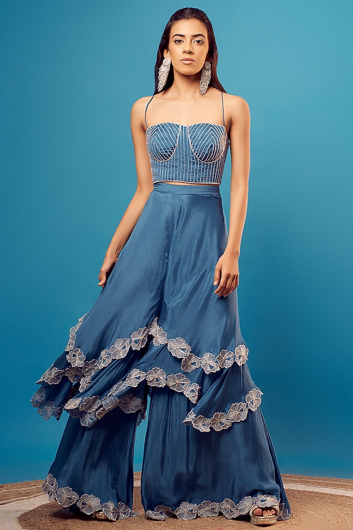 English Blue Crepe Embroidered Co-Ord Set by Harshita Singhvi at Pernia's Pop Up Shop