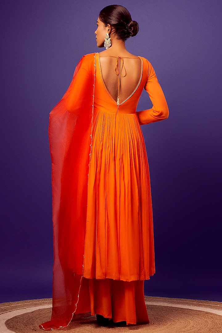 Orange Chinon Crepe Cutdana Embroidered Party Wear Anarkali Set by Harshita Singhvi at Pernia's Pop Up Shop