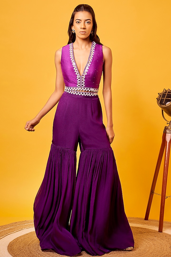 Purple Chinon Crepe Wedding Sharara Set by Harshita Singhvi at Pernia's Pop Up Shop