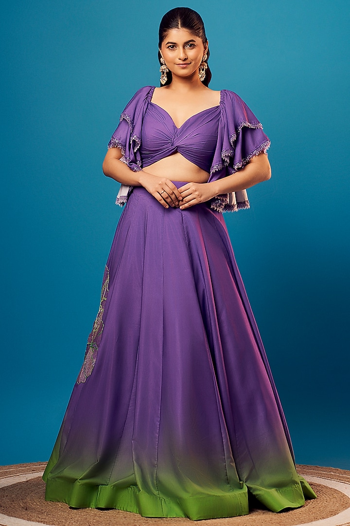 Purple French Crepe Floral Embroidered Skirt Set by Harshita Singhvi