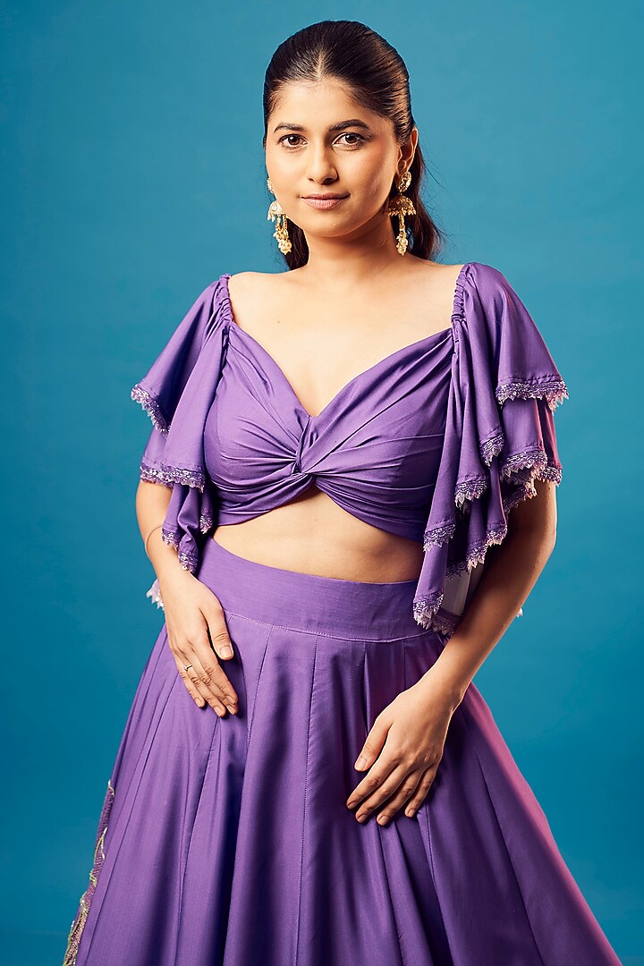 Purple French Crepe Floral Embroidered Skirt Set by Harshita Singhvi at Pernia's Pop Up Shop