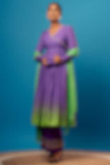 Purple & Green Ombre French Crepe Embroidered Wedding Anarkali Set by Harshita Singhvi at Pernia's Pop Up Shop