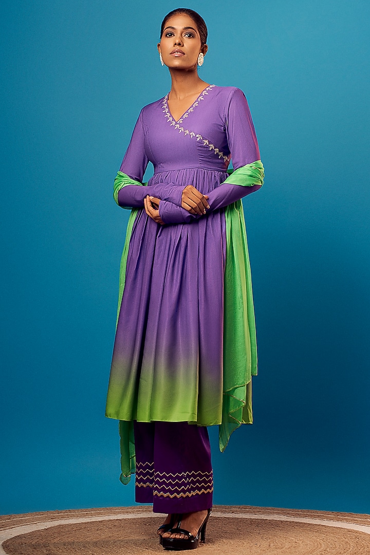 Purple & Green Ombre French Crepe Embroidered Wedding Anarkali Set by Harshita Singhvi at Pernia's Pop Up Shop