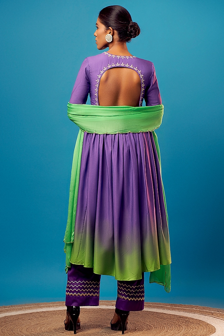 Purple & Green Ombre French Crepe Embroidered Wedding Anarkali Set by Harshita Singhvi at Pernia's Pop Up Shop