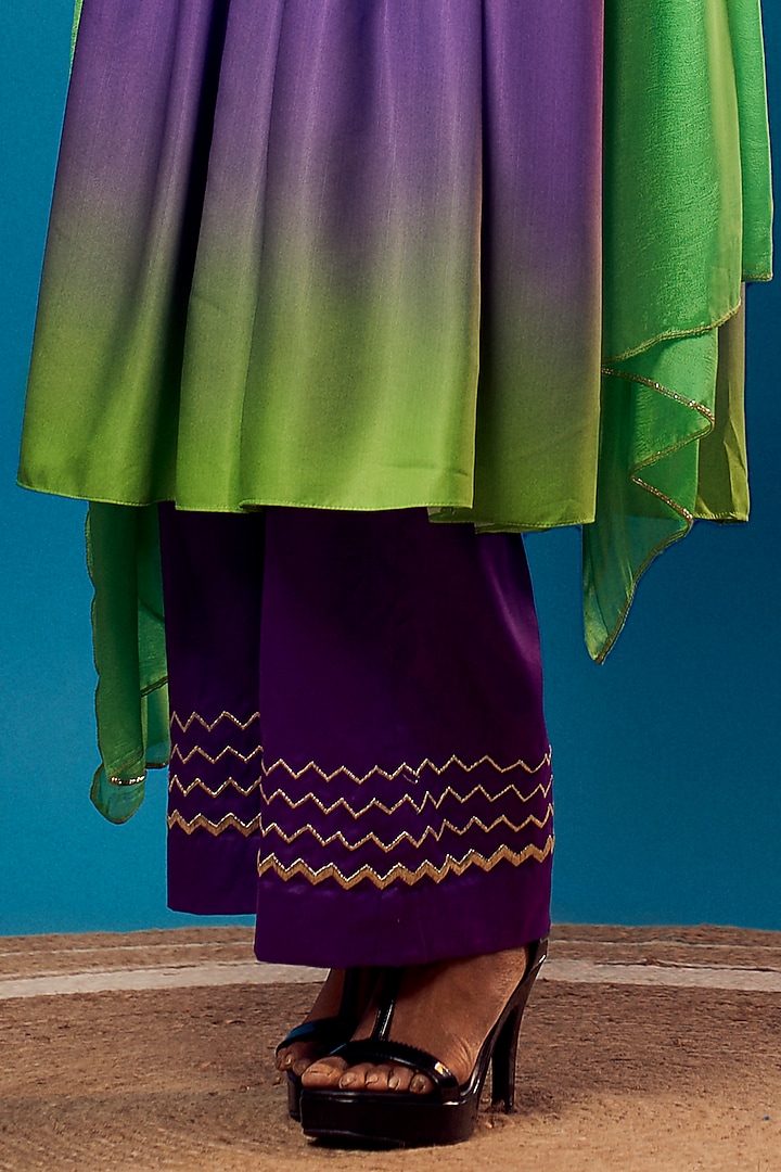 Purple & Green Ombre French Crepe Embroidered Wedding Anarkali Set by Harshita Singhvi at Pernia's Pop Up Shop