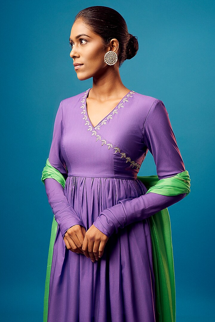 Purple & Green Ombre French Crepe Embroidered Wedding Anarkali Set by Harshita Singhvi at Pernia's Pop Up Shop