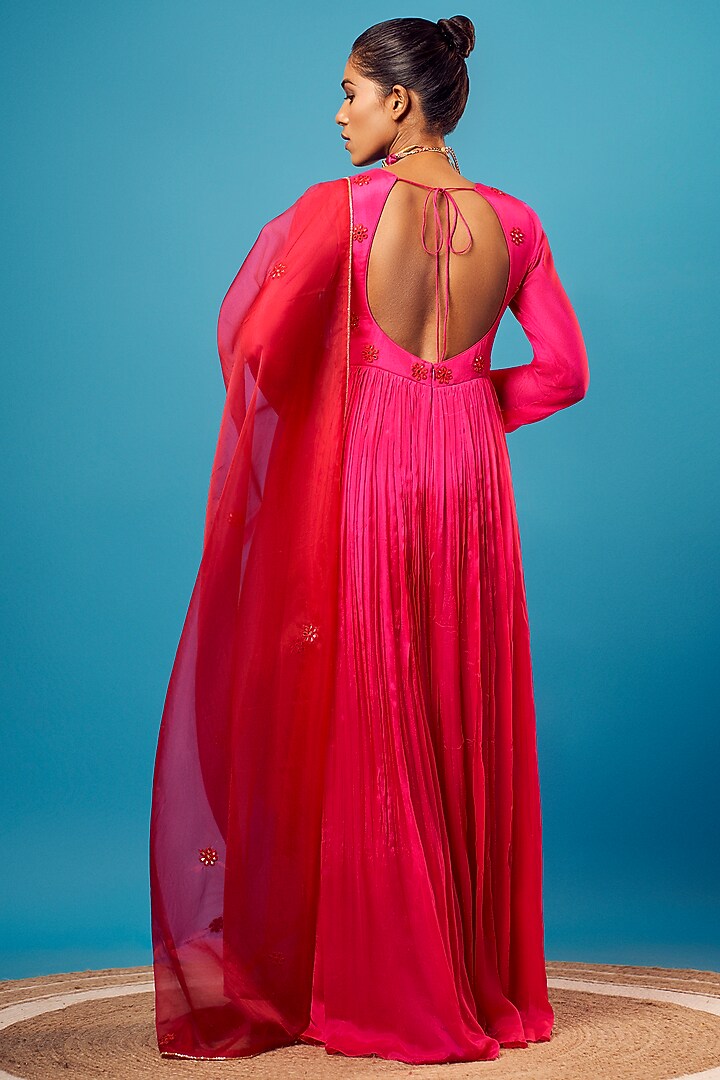Fuchsia Pink Crepe Floral Embroidered Wedding Anarkali Set by Harshita Singhvi at Pernia's Pop Up Shop