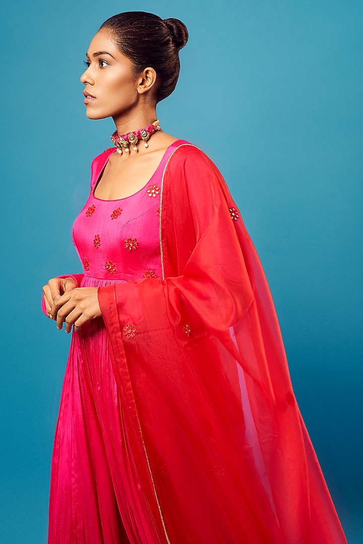 Fuchsia Pink Crepe Floral Embroidered Wedding Anarkali Set by Harshita Singhvi at Pernia's Pop Up Shop
