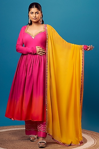 Pink & Orange French Crepe Mirror Work Anarkali Set by Harshita Singhvi
