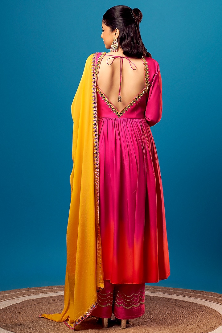 Pink & Orange French Crepe Mirror Work Wedding Anarkali Set by Harshita Singhvi at Pernia's Pop Up Shop