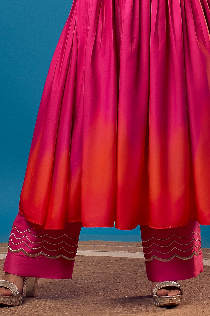 Pink & Orange French Crepe Mirror Work Wedding Anarkali Set by Harshita Singhvi at Pernia's Pop Up Shop