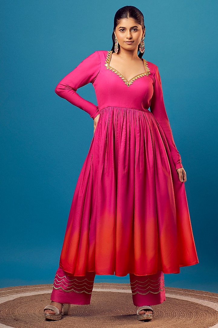 Pink & Orange French Crepe Mirror Work Wedding Anarkali Set by Harshita Singhvi at Pernia's Pop Up Shop