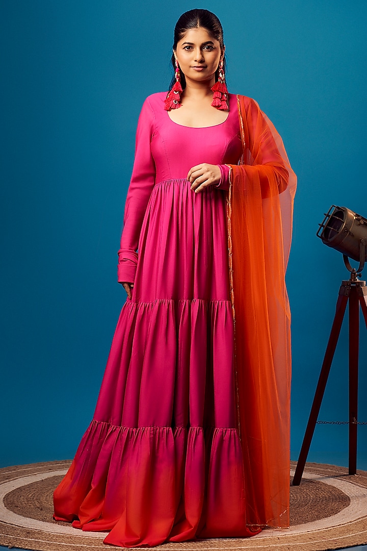Pink & Orange French Crepe Tiered Anarkali Set by Harshita Singhvi