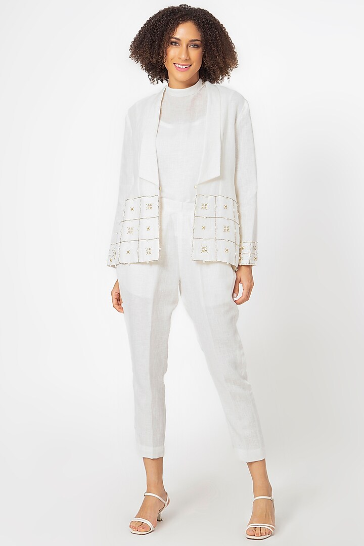 White Cotton Linen Jacket Set by House of THL