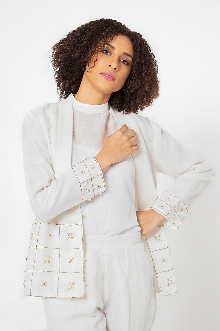 White Cotton Linen Jacket Set by House of THL at Pernia's Pop Up Shop