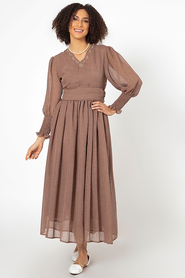 Brown Linen Blend Embellished Maxi Dress by House of THL