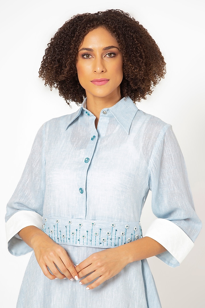 Powder Blue Cotton Linen A-line Dress by House of THL at Pernia's Pop Up Shop
