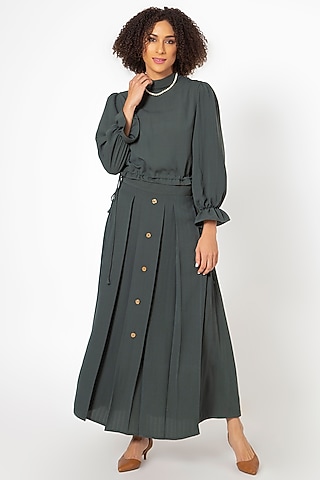 Green Cotton Blend Skirt Set by House of THL