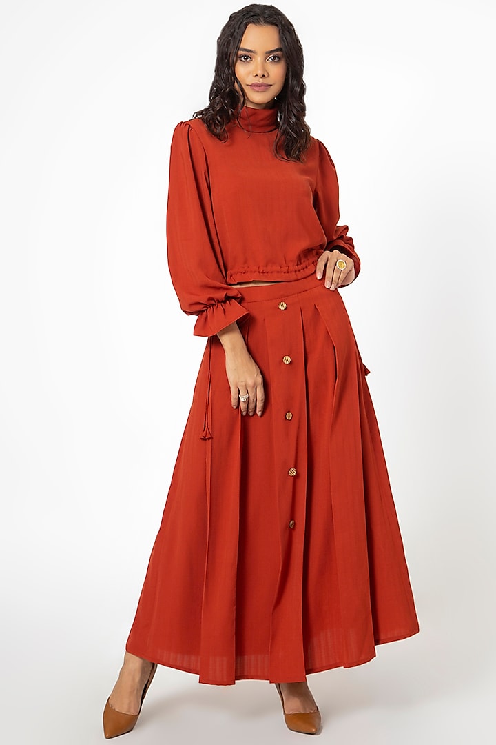 Rust Cotton Blend Pleated Skirt Set by House of THL