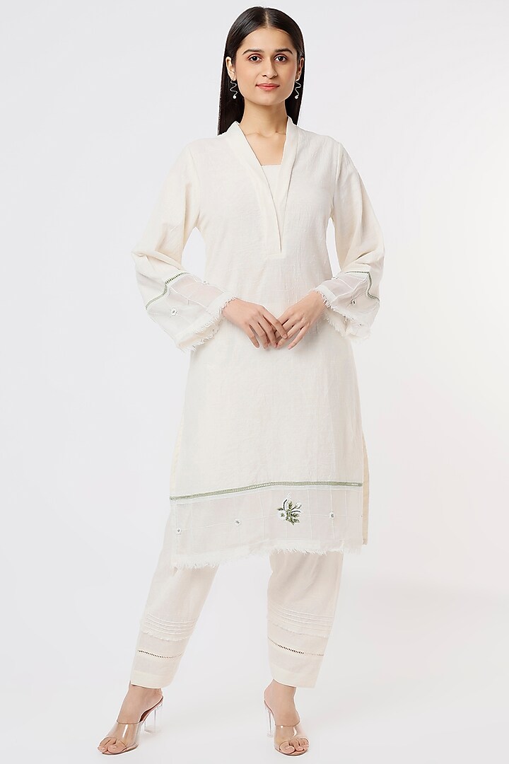 White Cotton Embroidered Kurta Set by House of THL