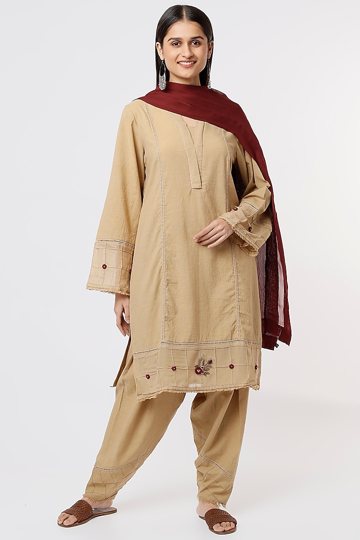 Beige Cotton Embroidered Kurta Set by House of THL